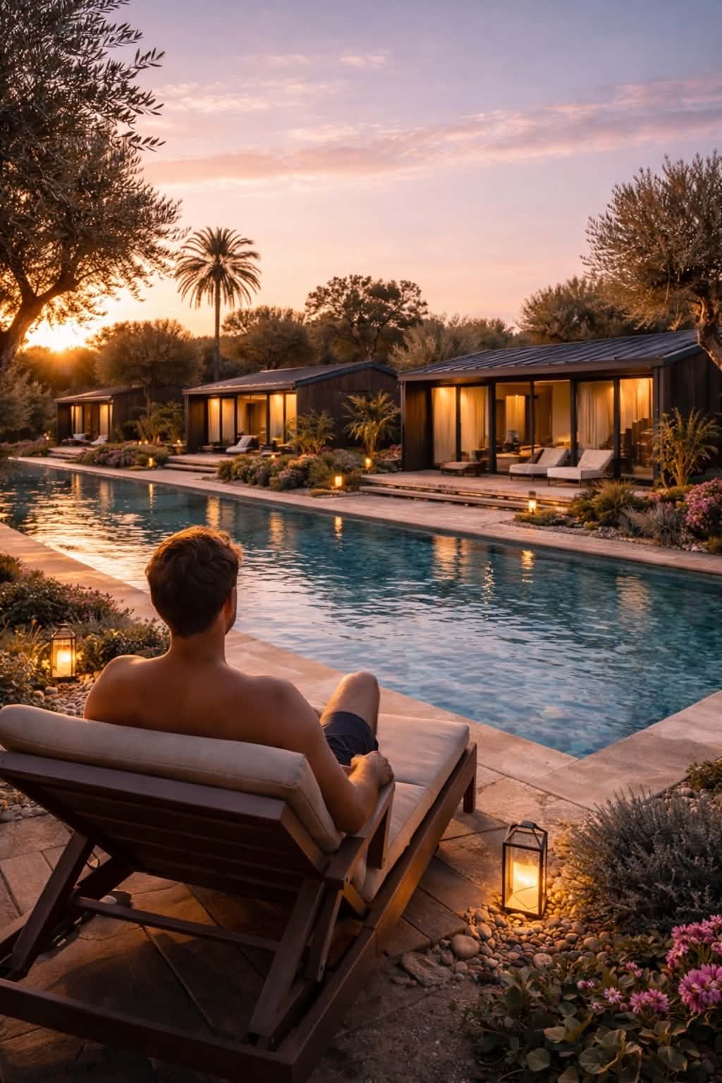 Guest by the pool at sunset